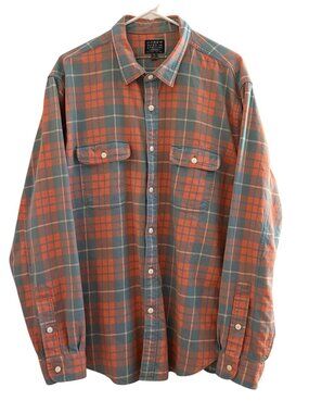 J.Crew Sporting Goods Men XL Peach/Orange & Blue Plaid Flannel Button-Up Shirt
